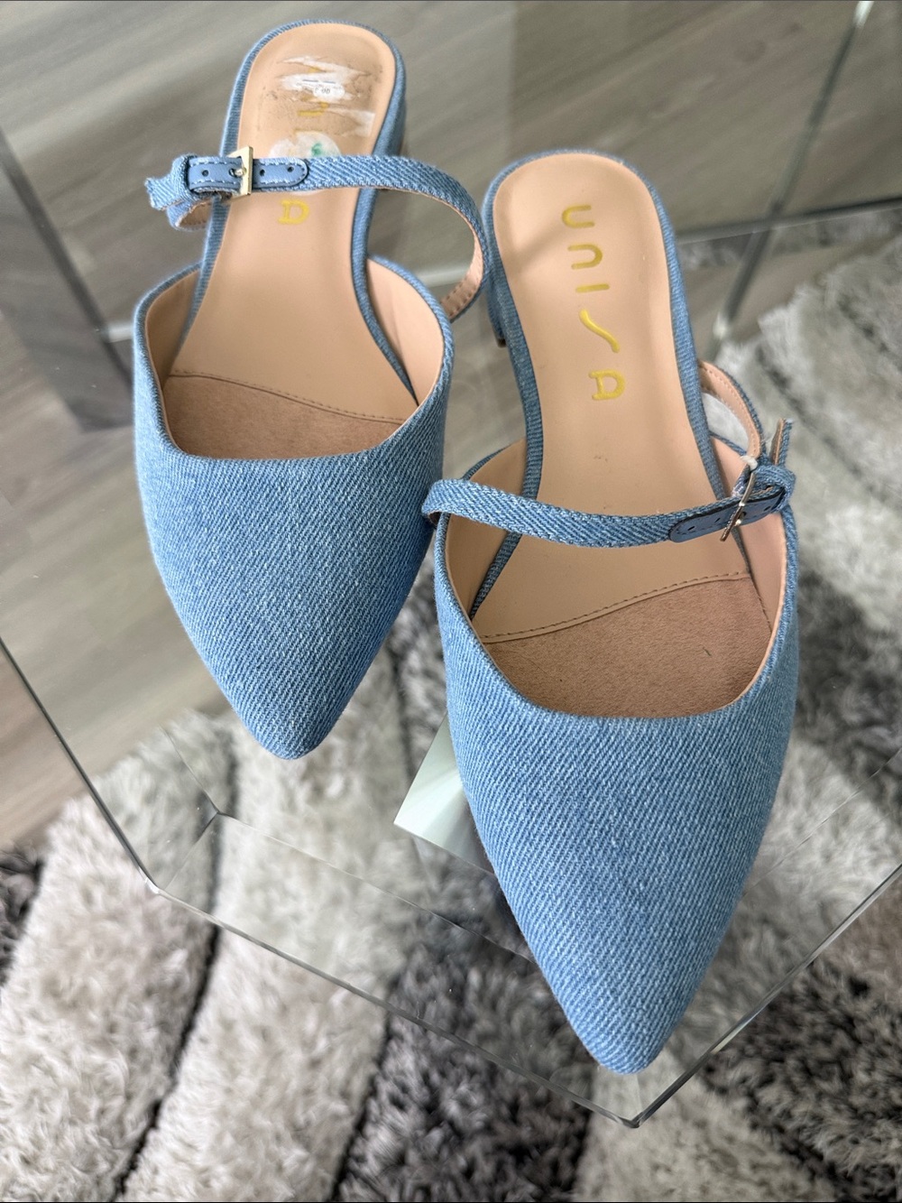 Unisa Light Blue Denim Pointed Toe Slingback Mules